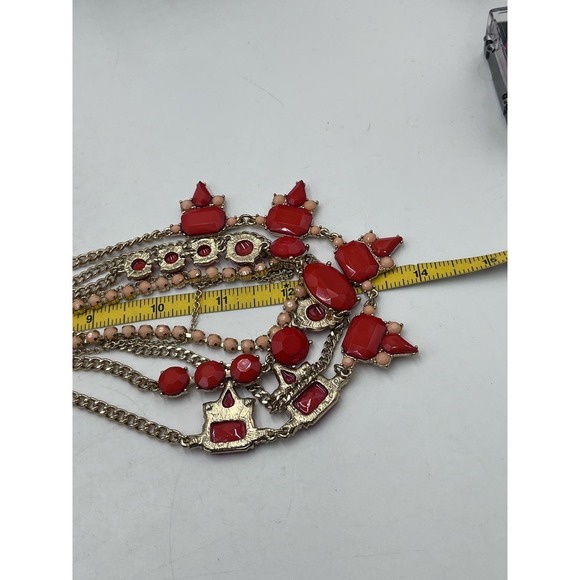 J. Crew Red Pink Peach Gold Tone Layered Multi Strand Rhinestone Necklace - Picture 14 of 14